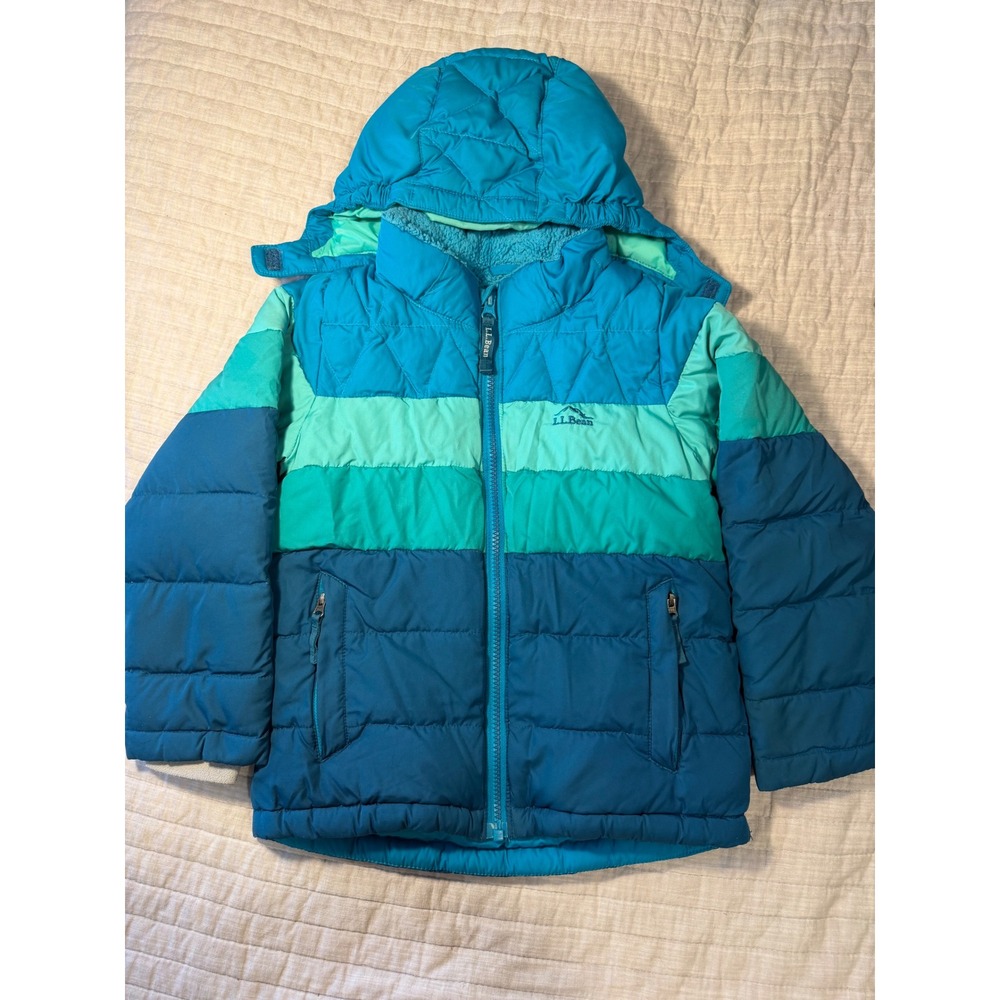 LL Bean Kids DownTek Puffer Jacket Blue Teal Colorblock Fleece Lined M 5-6